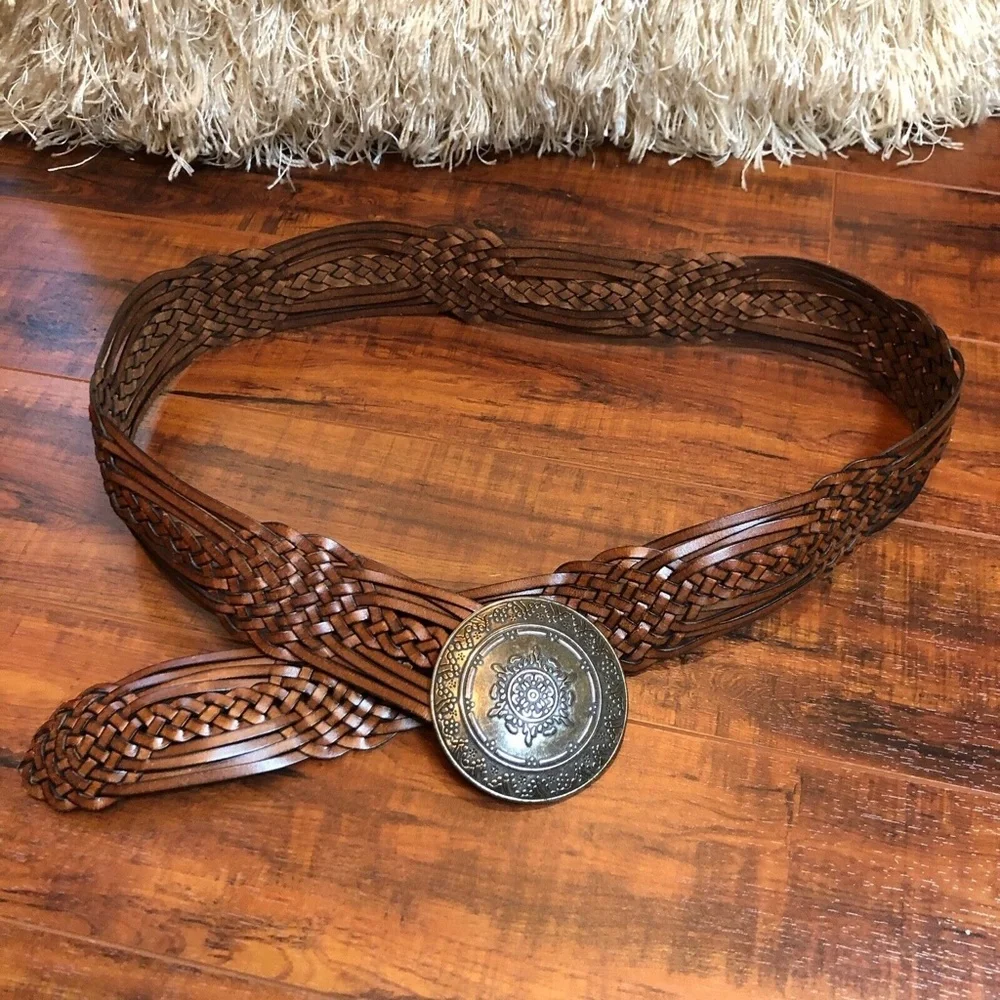 Vintage 90s L Large BoHo Hippy Cognac Brown Woven Faux Leather Filagree Buck…
